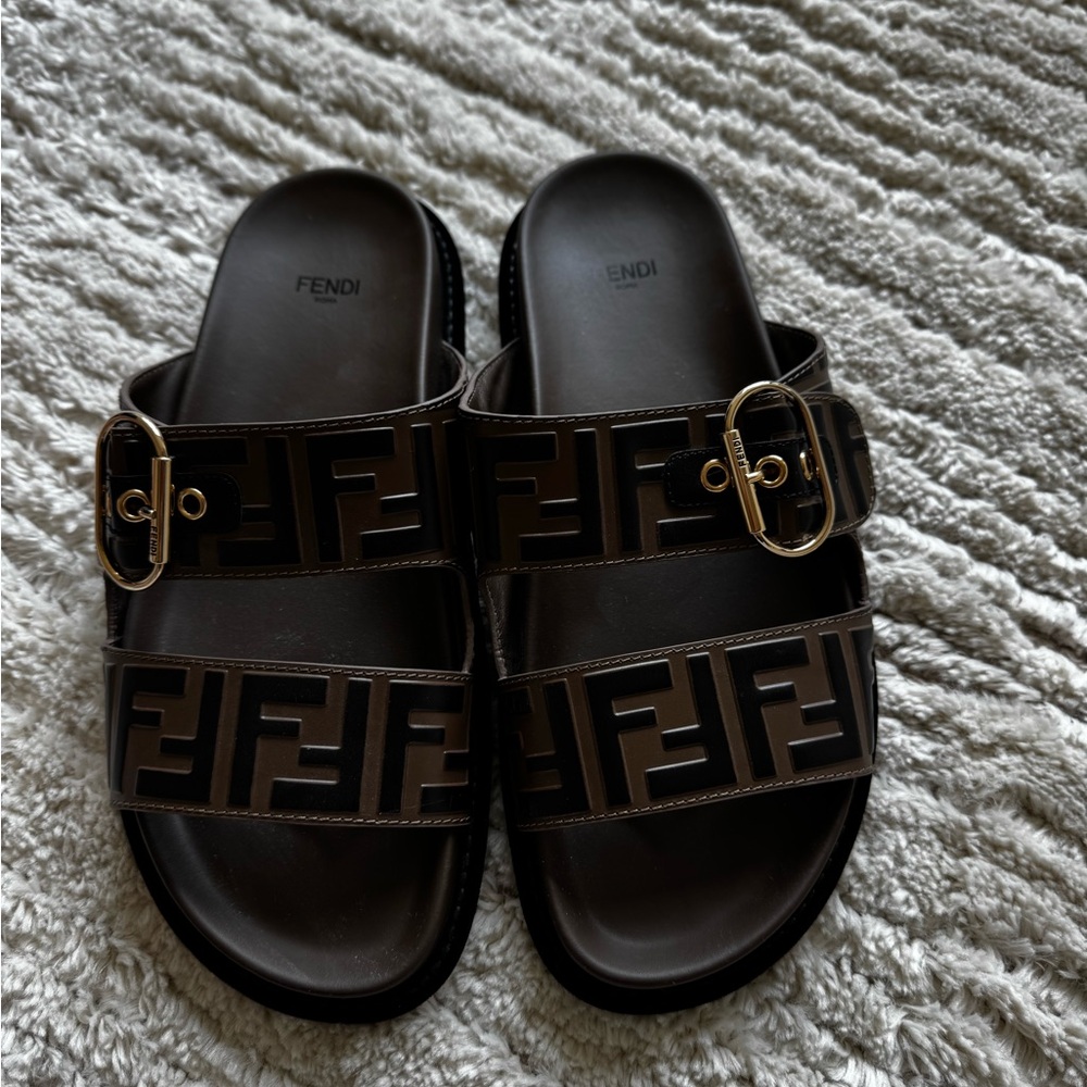 Fendi Brown Slides with Gold Accent